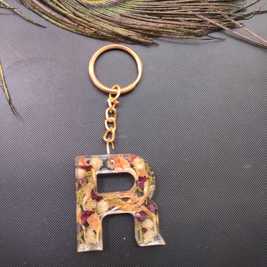Handcrafted R Letter Keychain With Rose & White Glitter